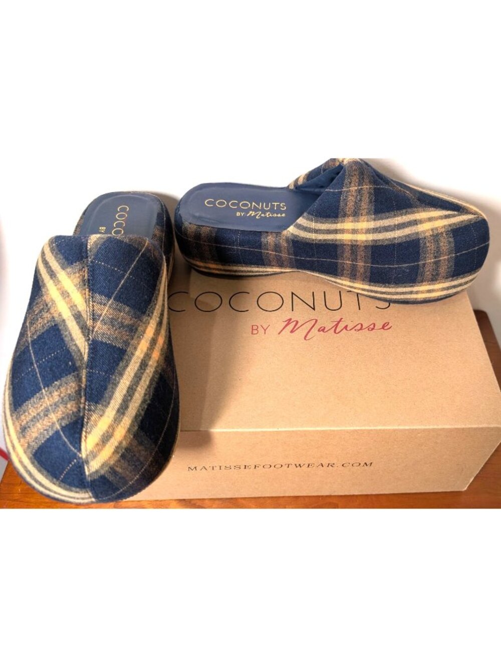NEW Coconuts by Matisse Bella Platform Slide, Navy Plaid, Women Size 8